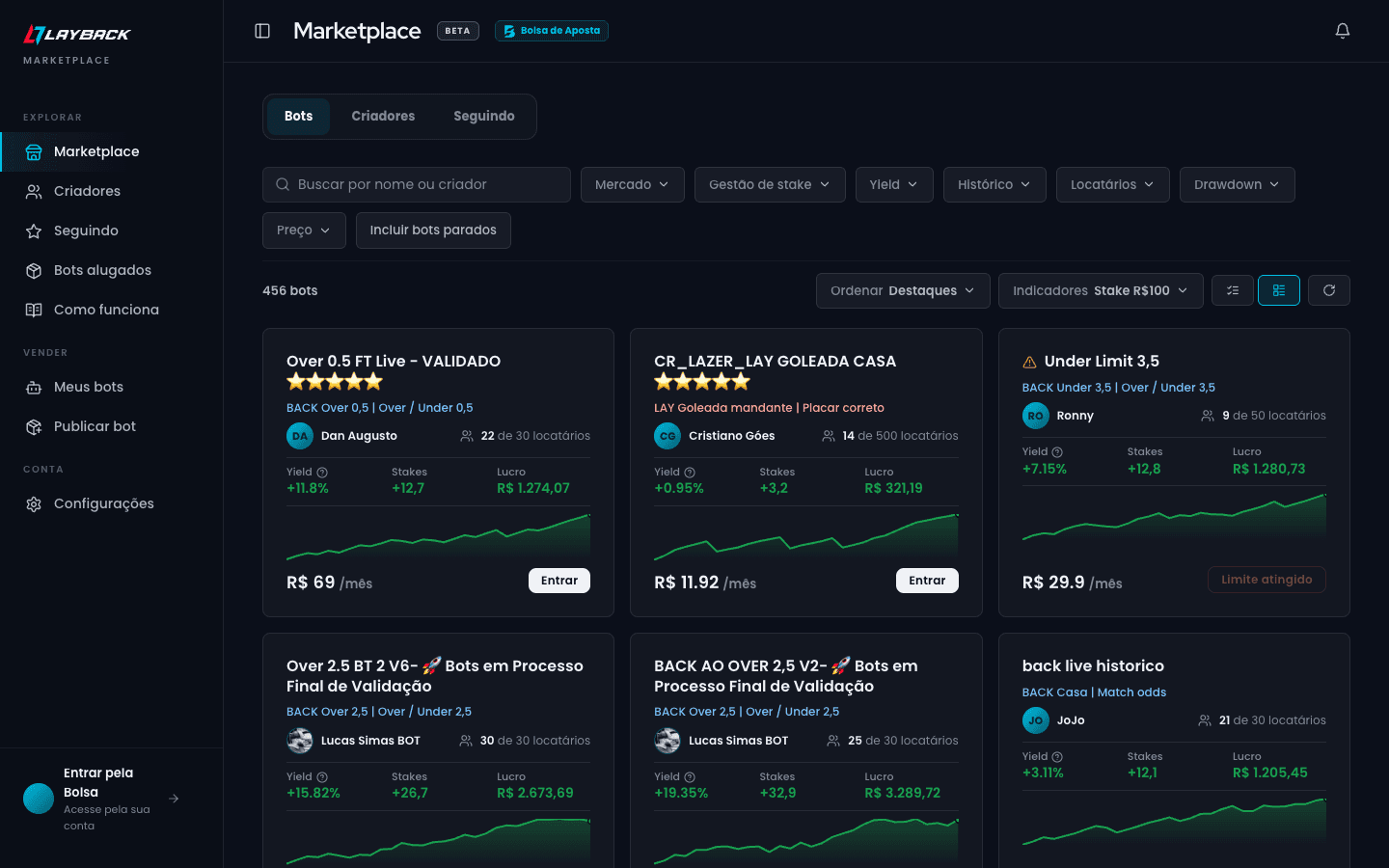 Bot marketplace on Bolsa de Aposta: 456 bots for rent with yield, stakes and profit per strategy